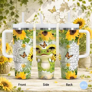 Whimsical Frog Vacuum Flasks 40oz Stainless Steel Vacuum Insulated Tumbler with Handle & Straw | Long-Lasting Cold & Heat Retention, Leak-Resistant | For Iced Coffee, Water, Office, Gym & Travel