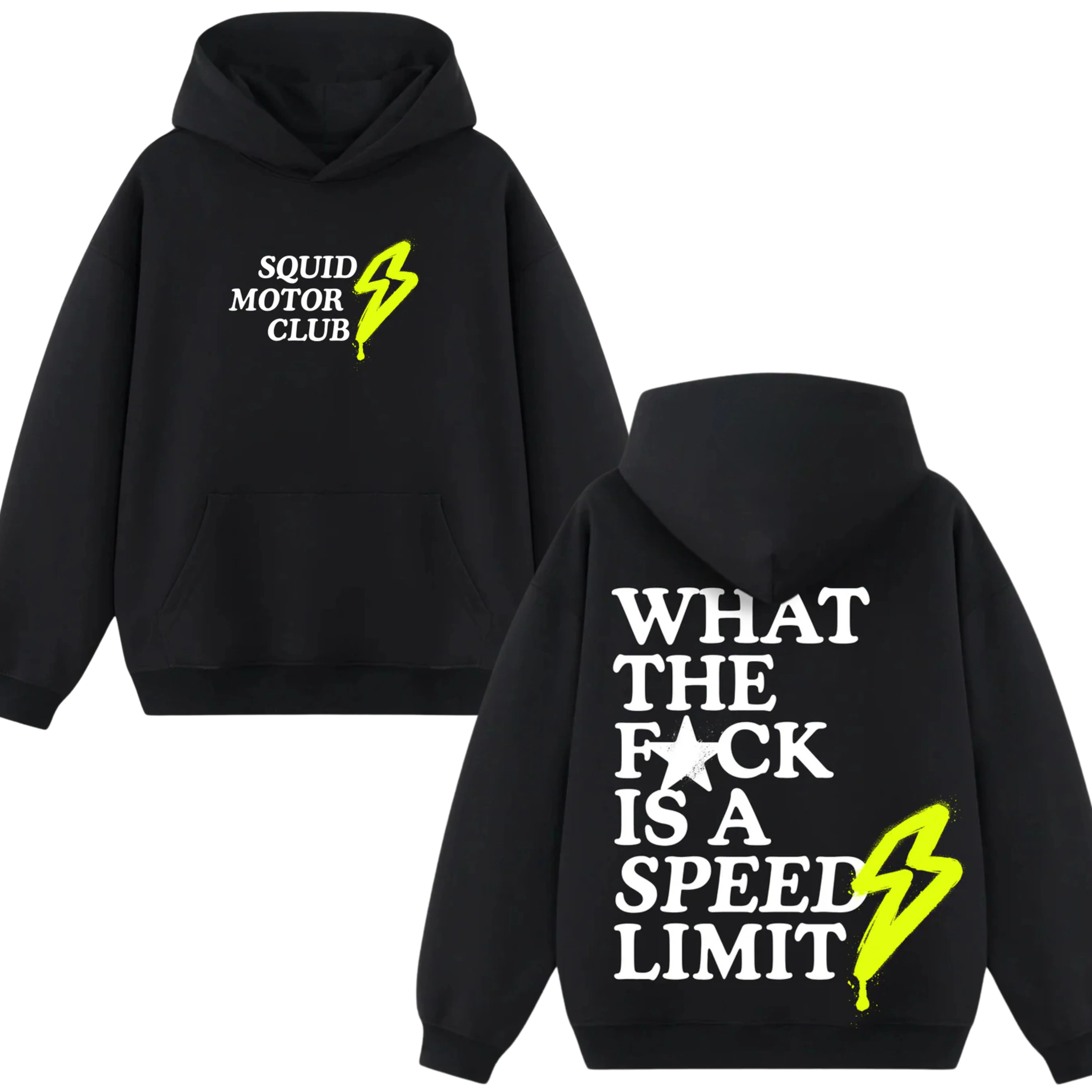 Menswear Fleece Unisex Hoodie - Soft Fabric, Funny Squid Motor Club Graphic, "What The Heck Is A Speed Limit" Biker Quote Print, Casual Rebel Streetwear, Trendy Fall Motorcycle Sweatshirts, Black Pullover Tops