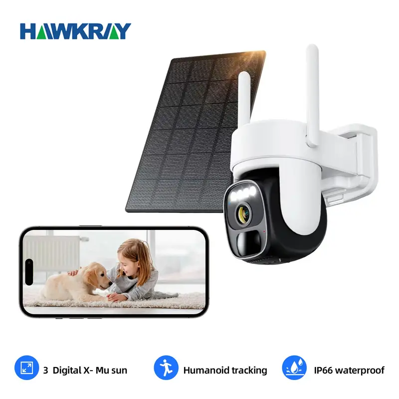 Hawkray 360-Degree Solar Powered Security Camera - 2K FHD, 3MP, 355° Horizontal Rotation, Solar Charging, Spotlight, PIR Motion Sensor, Color Night Vision, 2-Way Talk, 2.4G/5G Wi-Fi Connection, IP66 Waterproof, Remote Monitoring, TF Card Slot Support