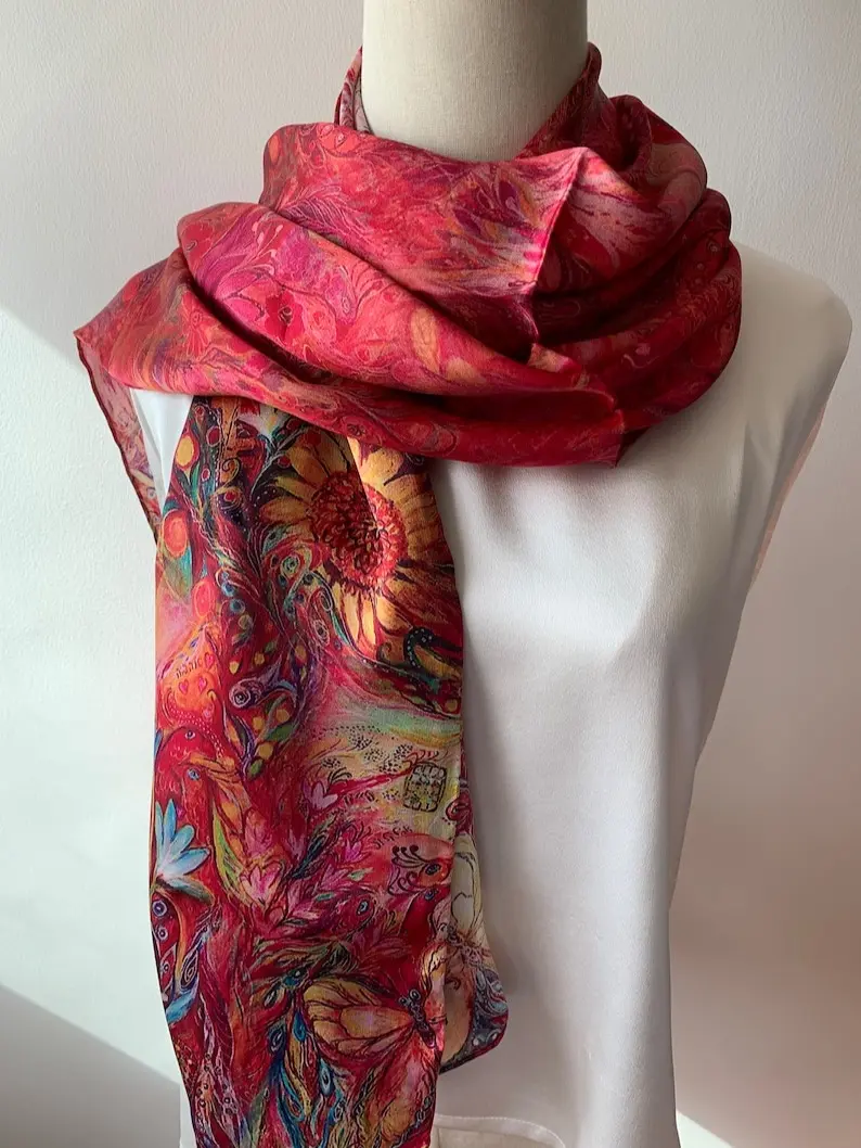 Mulberry Silk Scarf: Vibrant Phoenix Print, Large Red Shawl