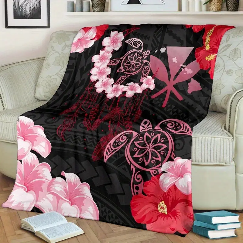 Tropical Hawaiian Dreamcatcher Turtle & Hibiscus Flower Blanket - Black with Pink and Red Accents, Versatile for Sofa, Bed, Car, Office, Camping - All-Season Gift, Travel Blanket |   Decorative Throw |   Soft Flannel Blanket, Beach Theme Deco