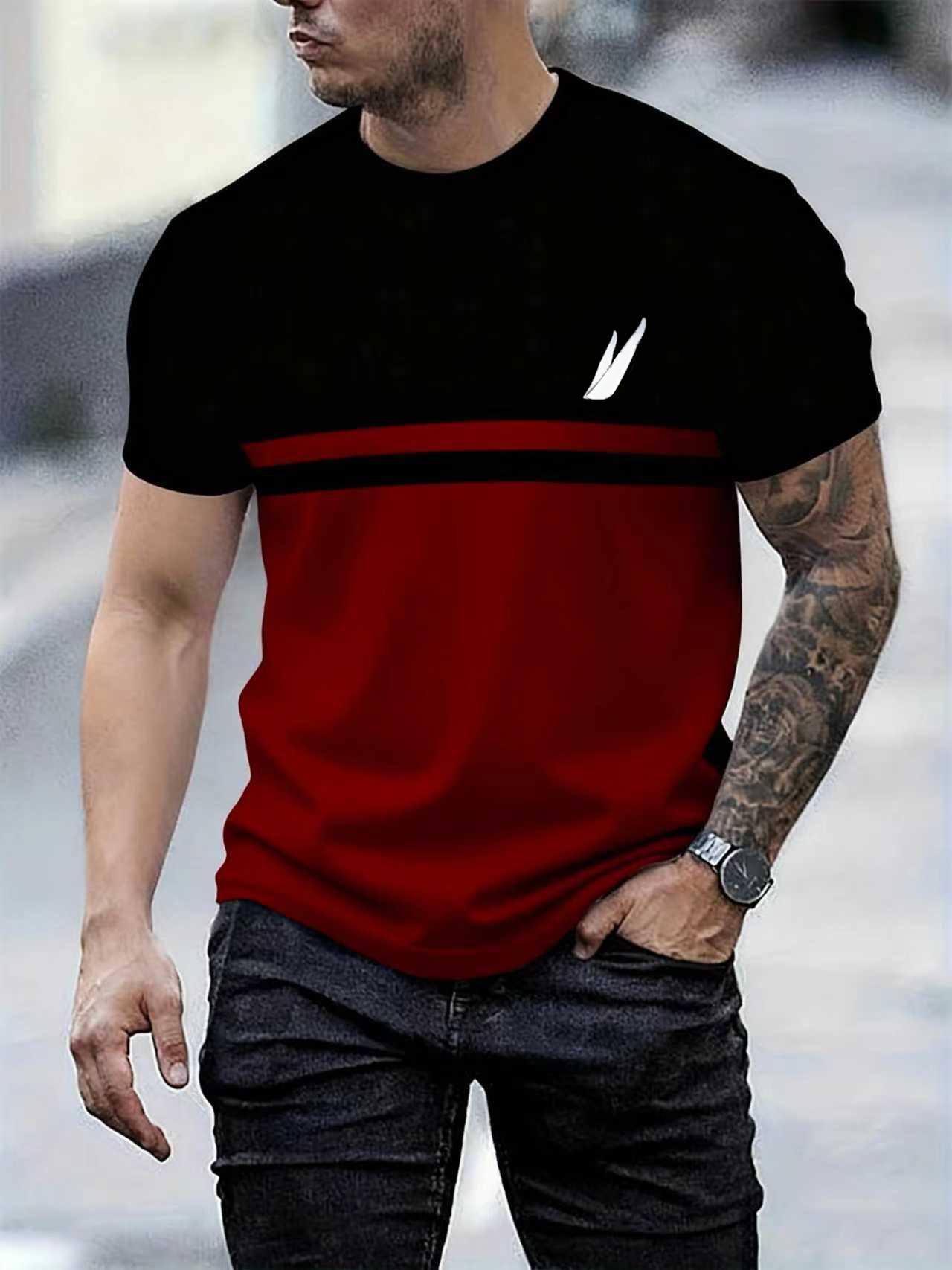Trendy color-block men's short-sleeve T-shirt, red and black contrast round-neck, simple and stylish design, suitable for various occasions, comfortable and breathable summer top