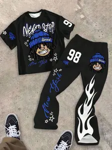 Youth Boy Fashion Street Cartoon Print Set, New York Text Pattern, Flame Design, Cool Star Print Short Sleeve T-Shirt and Pants, Spring Summer