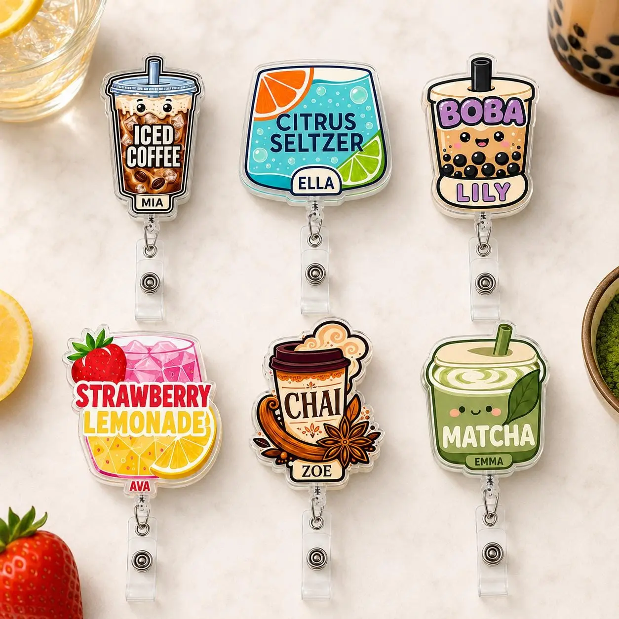 Custom Name Drink Acrylic Badge Reel – Personalized Retractable ID Badge Holder, Cute Beverage Lover Work Accessory, Nurse Teacher Gift