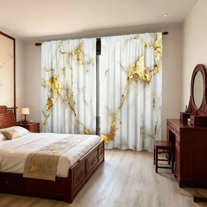 2 Piece Set Simple Marble Gold Texture Digital Print Curtains, Semi-Transparent Polyester Fabric, Home Decor for Bedroom Living Room Kitchen