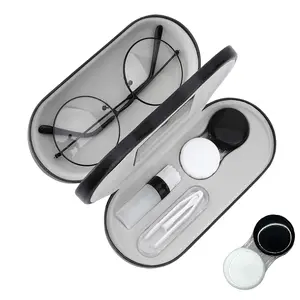 Contact Lens & Glasses Case with Built-in Mirror Portable Travel Kit, 2 in 1  Includes Tweezer Remover Solution Bottle Durable Leather Dual Use Design