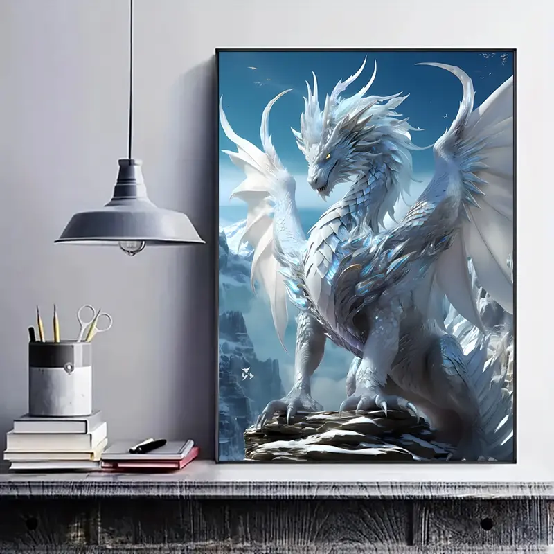 1 Piece/Set Frameless Canvas Painting Print Poster,Classic Cinematic Fantasy Epic Behemoth Pop Art,White Heaven Elder Dragon,Perfect Gift for Mythical Creature Lovers,Bedroom,Study,Office,Living Room,Dorm Hallway,Kitchen,Mural,Wall Decoration,Room Decor
