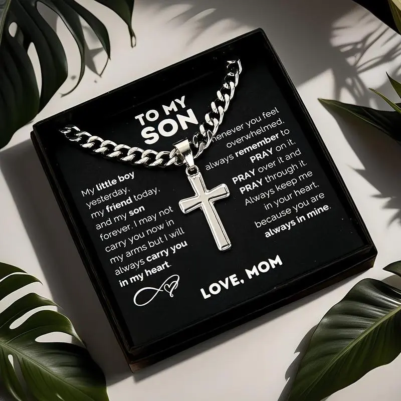 1pc "to My Son" Stainless Steel Cross Pendant Necklace - Engravable Name & Message, Elegant Cursive Lettering, Durable Men'S Jewelry Gift for Son, Birthday, Valentine'S Day, Mother'S Keepsake for Teens & Adults, Meaningful Keepsake for Everyday