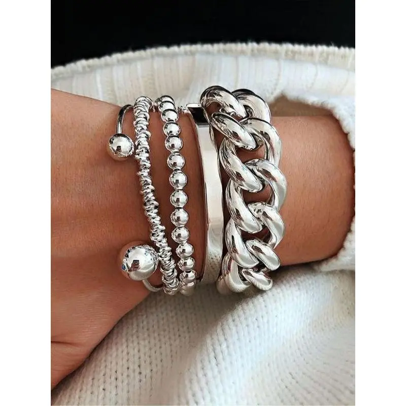 Women's 5-Piece Trendy Bangle Bracelets Set - Silver Chain Links Open Cuff Bracelet, Adjustable for Easy Fit, Boho Chain Beads with Italian Boho Vibe, Stacked Wrist Accessory for Anniversary, Everyday Wear