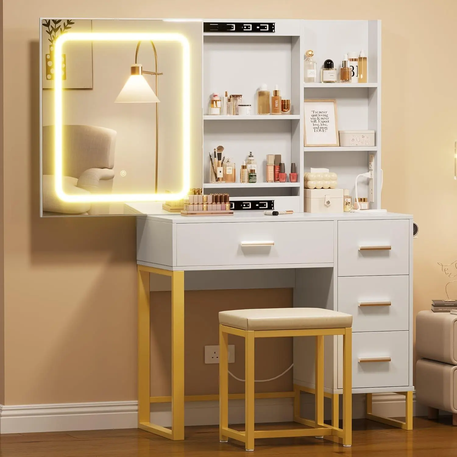 Vanity Desk with Mirror and Lights, 3 Adjustable Lighting Modes Makeup Set with Cushioned Chair and Hairdryer Holder
