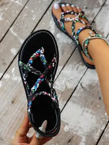 Women's Fashionable Ditsy Floral Pattern Sandals, Braided Sandals, Casual Comfortable Flat Sandals for Summer, Female All-match Toe Thong Shoes for Daily Wear, Girl