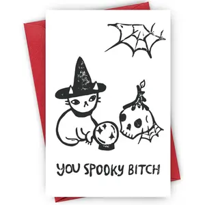 Gothic Cat Fortune Teller Card - Witch-Horned Feline Gazing into Crystal Ball with Skull Candle & Cobwebs, Bold 'YOU SPOOKY BITCH' Sassy Greeting on Pristine White, Perfect for Halloween, Perfect Gift for Unfiltered Besties