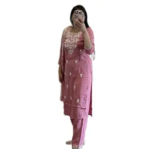 Traditional Rayon Fabric Three Piece Kurtha Salwar and Duppatta Set in Pink Color with Embroidered Details
