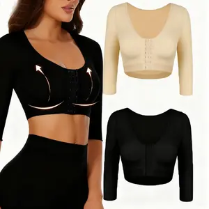 Women Arm Shaper Post Surgery Push Up Bra Compression Long Sleeves Corset Front Seamless Black Shapewear Womenswear Nylon Basic Crewneck Minimalist