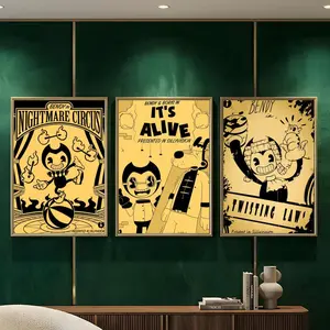 Bendy and the Ink Machine Painting Calligraphy HD Heavy-Duty Waterproof Wrinkle-Resistant Canvas Print – Tool-Free Durable Hides Wall Flaws & Boosts Style for Living Rooms Bathrooms