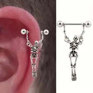 Vintage Edgy Style Stainless Steel 1pc Hip Hop Skull Earrings/Nipple Rings - Colorfast for Halloween & Everyday Wear Vertical Labret Jewelry Body Piercing Jewelry