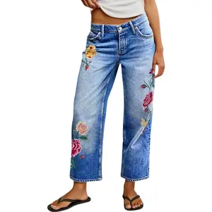 Flamingals Wash Floral Embroidery Mid Rise Straight Leg Jeans Womenswear Stretchy 26.4" Inseam
