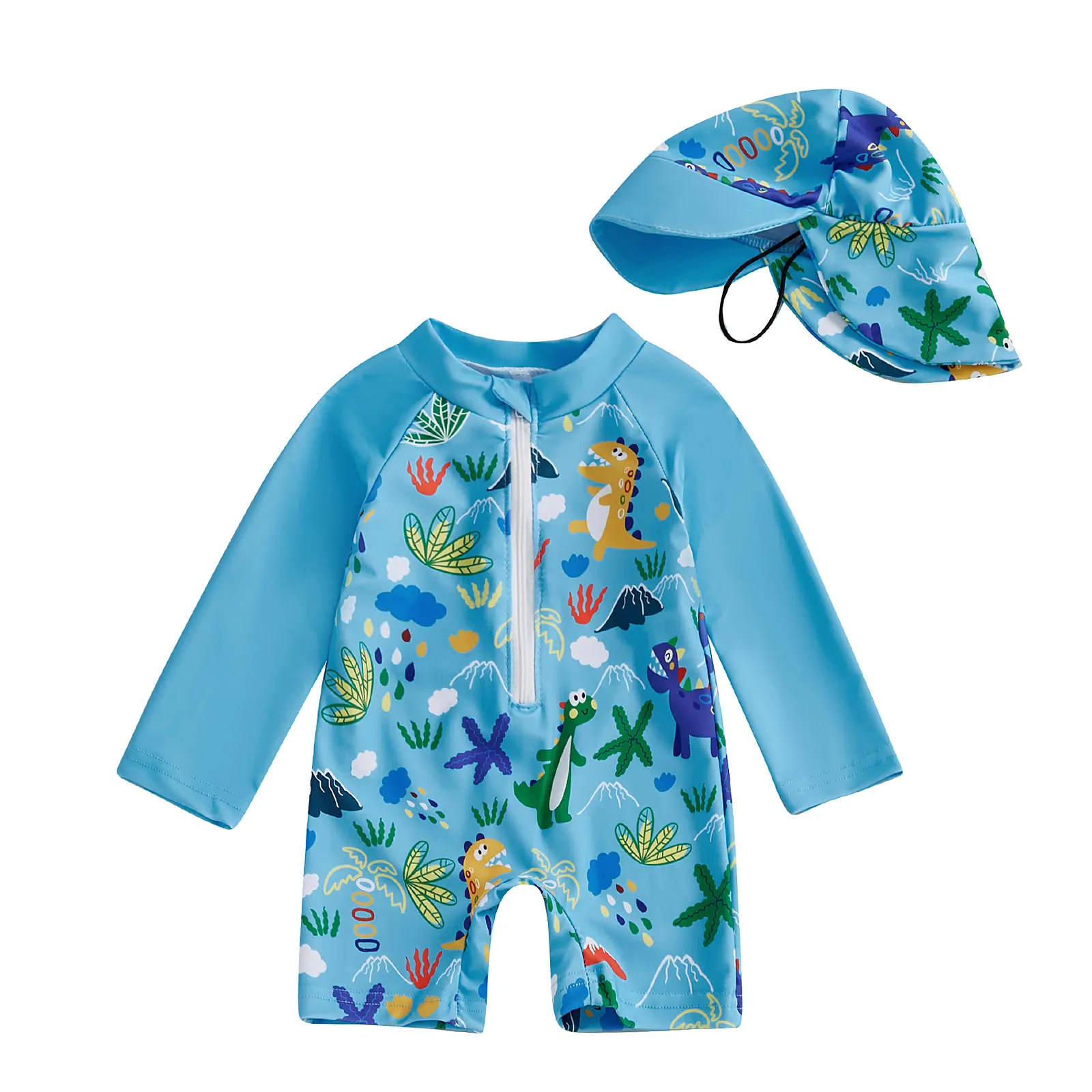 Babamoon Toddler Baby Boy Rash Guard Swimsuit Shark Print Long Sleeve Half Zip-up Bathing Suit with Sun Hat 2 Pcs Swimwear Set 0-5 Years