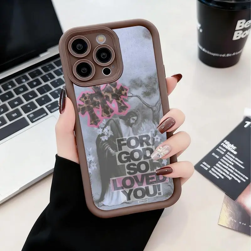 Leopard print cross and Gospel of John design phone case. Compatible with iPhone 17 Pro Max/16 Pro Max/15 Plus/14/13/12/11, TPU soft case. Compatible with Galaxy S26 Ultra/S25 Plus/S24/S23, Dopamine color. Compatible with Galaxy A54/A53/A33/A15.