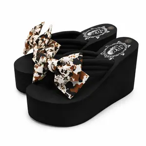 Women’s 4.33 Inch Platform Wedge Flip Flops, Black Thick Sole Beach Sandals with Brown Pattern Bow, Non-Adjustable Bowknot Slip-On Summer Sandals for Beach, Vacation, Shopping and Casual Wear