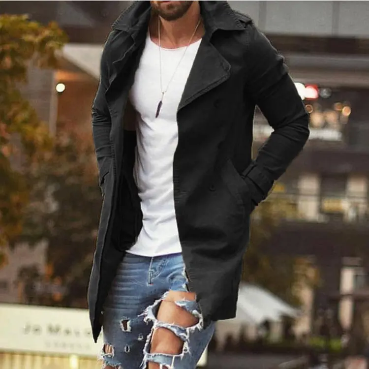 Men's Mid - Length Slim Fit Plus Size Trench Coat Casual Jacket Fabric Fashion Menswear Black