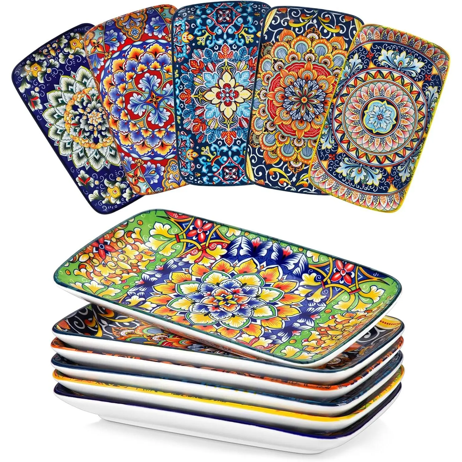 Simi 9.5 Inch Rectangular Dinner Plates Set of 6 - Bohemian Floral Design in 6 Vibrant Colors, Microwave & Dishwasher Safe Porcelain Plates for Salad, Appetizers, Entertaining