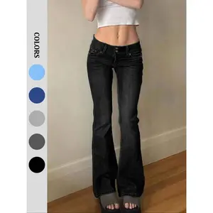 NVFelix women’s elastic low-rise double-button flared jeans, wool-lined coarse denim, autumn/winter fashion mini jeans, comfortable slimming jeans, elegant style GARMENTARY