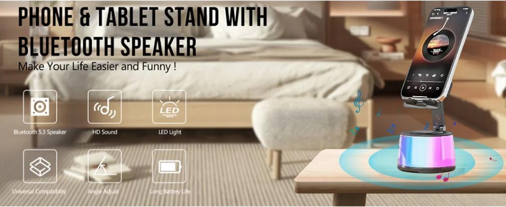 Wireless Induction Audio Bluetooth Speaker 5in1 Cellphone Holder USB Emergency Rechargeable (5000mAh) Portable Power Mobile Tablet Stand with Colorful Ambient Light Gifts for Friend, Family