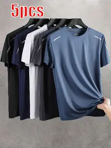 Pack of 5 – Men’s new trendy short-sleeve T-shirts featuring reflective shoulder panels made from comfortable, breathable fabric; suitable for everyday life and work; micro-breathable short sleeves ideal for travel, dates, quick-drying workouts, outdoor a