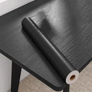 1-roll black wood grain self-adhesive vinyl contact paper with various lengths available, featuring clear texture, peel-and-stick application, easy cleaning, suitable for furniture, walls, cabinets, and tabletop renovations.