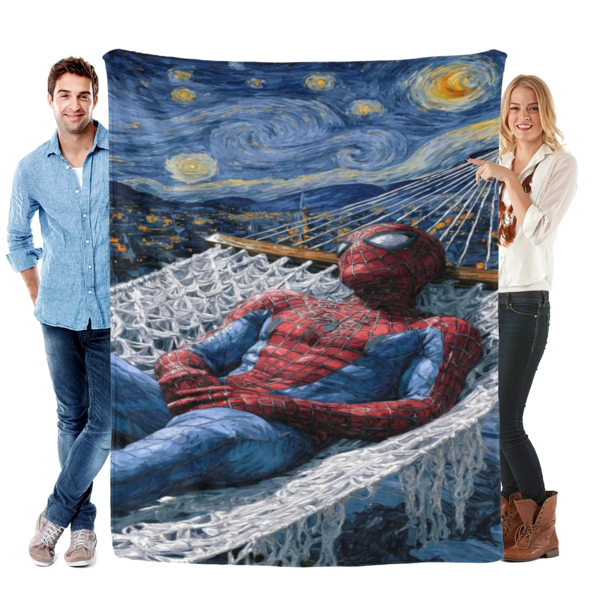 [SummerVibes] MARVEL Spider-Man Starry Night Art Flannel Blanket, Soft 2D Printed Aesthetic Throw for Home, Couch & Art Fans