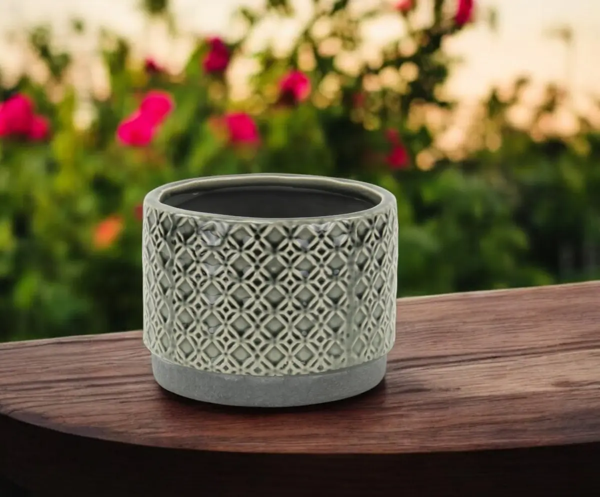 360 Stand 7 in. Large Gray Contemporary Geometric Ceramic Dual-Use Round Planter - Indoor & Outdoor, Ideal for Room Decor (Model 487463), Large Size, Backyard, Plant Decor, Deck, Practical