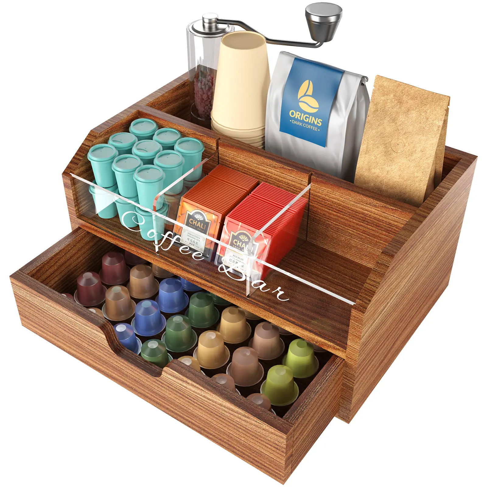 NiHome Solid Wood-Adjustable Acrylic Coffee Station Organizer - Manual Operation Capsule Holder, Compartmentalized Storage Drawer Units, Coffee Equipment, Hotel Counter Fit (Pods Stay Sorted)