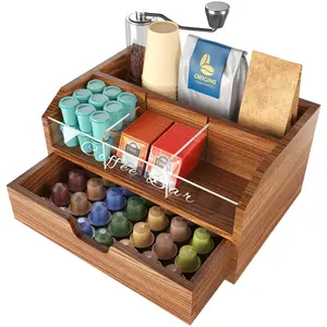NiHome Solid Wood & Acrylic Coffee Station Organizer with Storage Drawer, Compartments Coffee Pod Holder for Home, Hotel, Kitchen Counter Storage