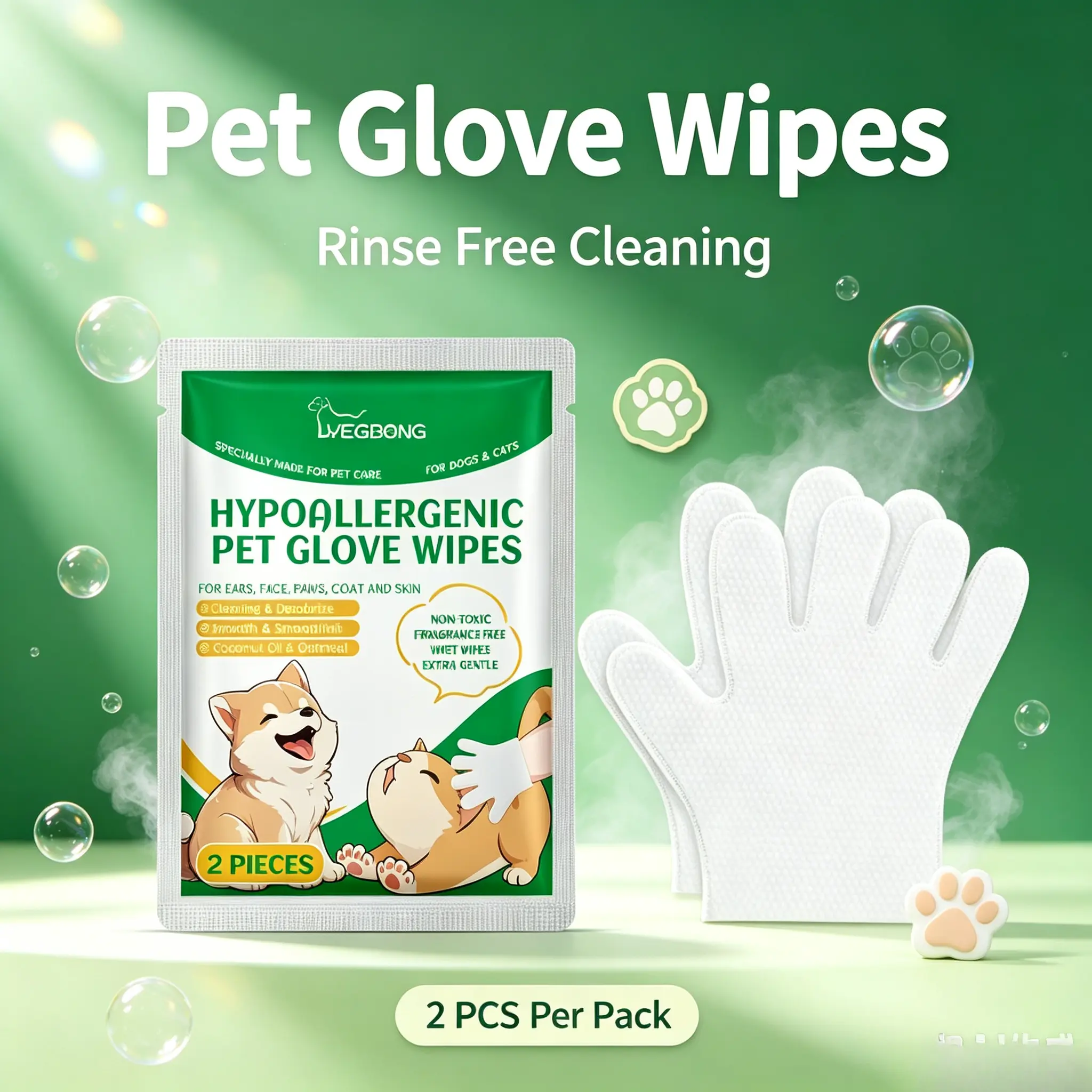 2-Piece Hypoallergenic Pet Grooming Glove Wipes - Rinse-Free, Fragrance-Free Cleaning Mitts with Coconut Oil & Oatmeal for Dogs & Cats, Set Of 2