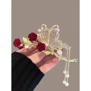 Rhinestone Decorated Butterfly Design Hair Claw for Valentine's Gift for Women, Elegant Flower Design Hair Claw Clip for Party, Fashion All-match Kawaii Hair Accessories, Prom Mom Hair Clip