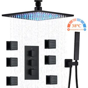 Thermostatic Rain Shower System, Ceiling Mounted LED Shower Head Combo and Handheld Spray,Shower Faucet Set with 6 Body Spray Jets and Valve, Matte Black Rough-in Valve Body and Trim