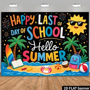 2D Flat Banner Polyester Photography Backdrop, HD Digitally Printed Background Cloth, featuring a vibrant black cartoon beach and summer vacation theme with 'Happy Last Day of School Hello Summer' text, for school graduation parti