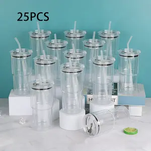 25pcs 18oz acrylic snowball rollers for DIY shiny snowballs, pre drilled double walled acrylic transparent cups for coffee cups,