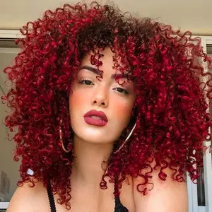 Omber Red Kinky Curly Wig Afro with Bangs，red and black Afro 70s Wigs for Women，Afro Synthetic Full Wigs Soft and Fluffy Like a Bomb 14 Inches Short Curly Hair