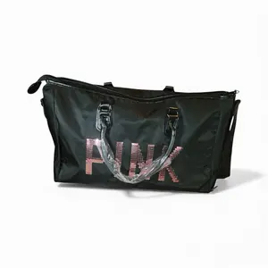 PINK Fashion Duffle Bag Travel Workout Loungewear with Rose Gold Sequins and Adjustable Straps