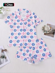 【Valentine's Day】Women's Valentine's Day Sleepwear Set, Soft Fabric Heart & Eye Print Pajamas, Casual Fitted Top & Elastic Shorts, Perfect Gift