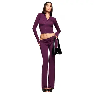 Fashion New Ins Style Solid Color Women's Sexy Open Collar Two-Piece Long Sleeve Set Ella Horan Dance Pants