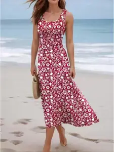 Floral Sleeveless Long Dress, Beach Style Full Print Small Flower Design, Summer Casual Fashion, Women's Elegant Clothing, Casual Comfy Chic