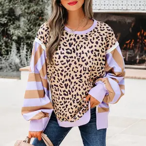 Women's fashion striped patchwork leopard print casual sportswear with slit pullover, women's sportswear