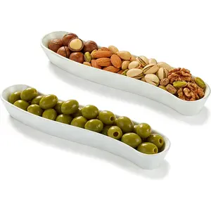 2 Pack Olive Trays, 12 inch Ceramic Olive Dish for Appetizers Crackers Nut and Snacks, Unique Styling and Elegant Design for Charcuterie in Entertaining Party and Daily Use, Dishwasher Safe