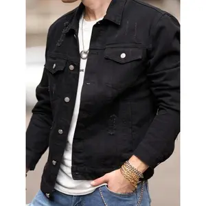 Men's Regular Fit Plain Ripped Button Front Denim Jacket Without Hoodie & Necklace, Casual Pocket Collar Outerwear For Daily Wear, Men's Clothes For All Seasons,?National Day Clothing(Sheet)