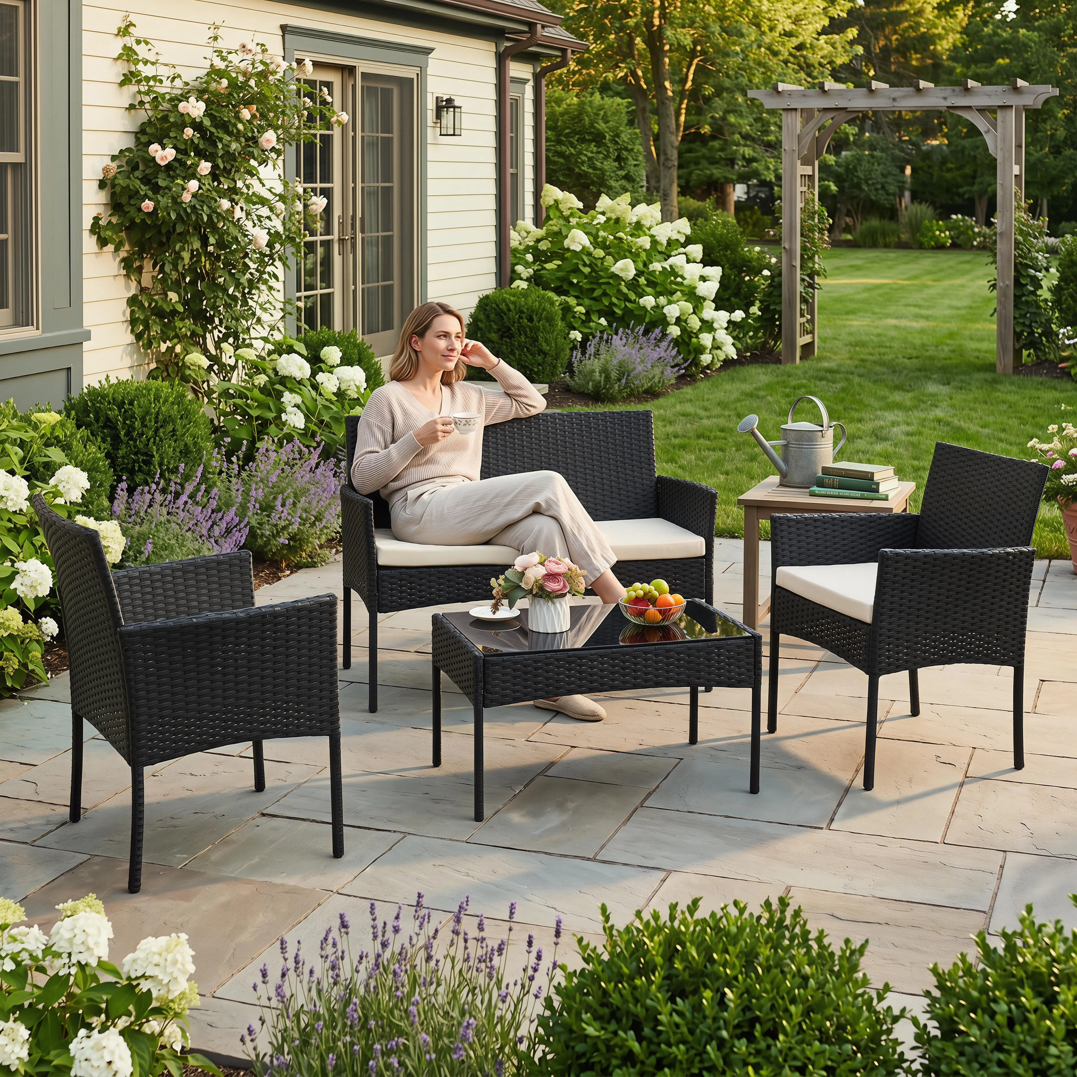 4 Piece Patio Wicker Furniture Set, OutdoorRattan Conversation Set with Tempered GlassTop Table, 2 Chairs, and Loveseat, Ideal forPorch and Balcony, Clearance Deal tiktokshopspringglowup summergarden