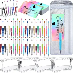 148-Pack Bulk DIY Beadable Pen Set - 48 Plastic Pens + 48 Resealable Bags + 48 Thank You Cards + 4 Clear Display Stands for Office, School, Crafts, DIY Projects, Craft Supplies
