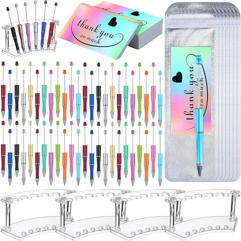 148-Pack Pouch-Sealed Plastic DIY Beadable Pen Hand Tool Kit - 48 Reseal & Protect Pens, 48 Thank You Cards, 4 Display Stands for School Craft Projects (Plastic, No Inches/CM Specified)